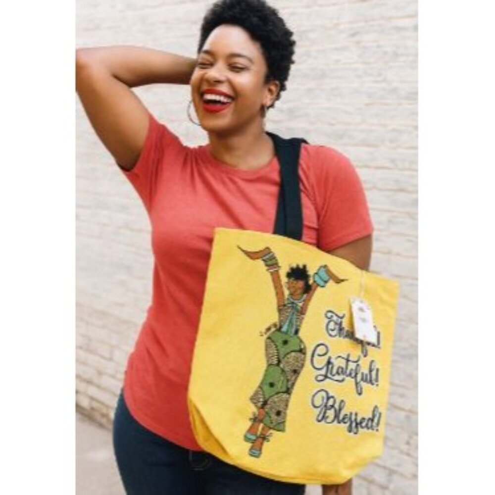 Thankful Grateful Blessed Tote Bag With Black Handles – Large   – Yellow & Black - Picture 2 of 11